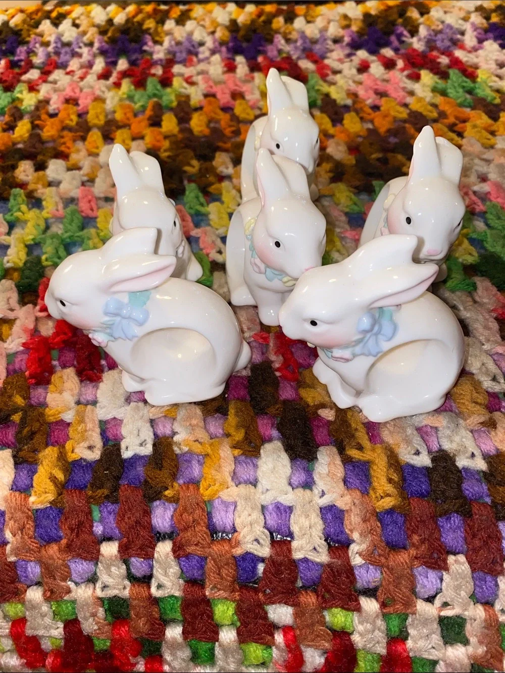 Vintage White Ceramic Bunny Napkin Holders with Blue Bows- Set of 6
